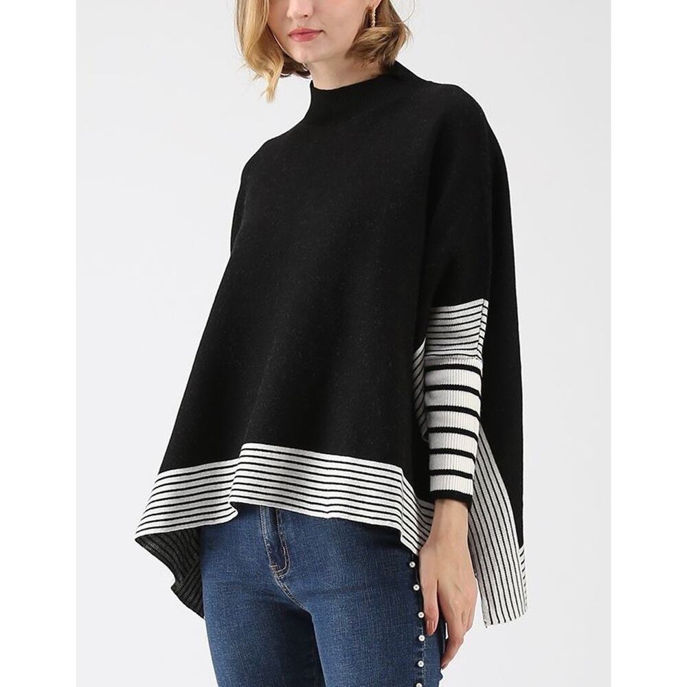 Chicwish Women's Oversized Black Striped Knit Sweater Poncho Cape - Size S/M